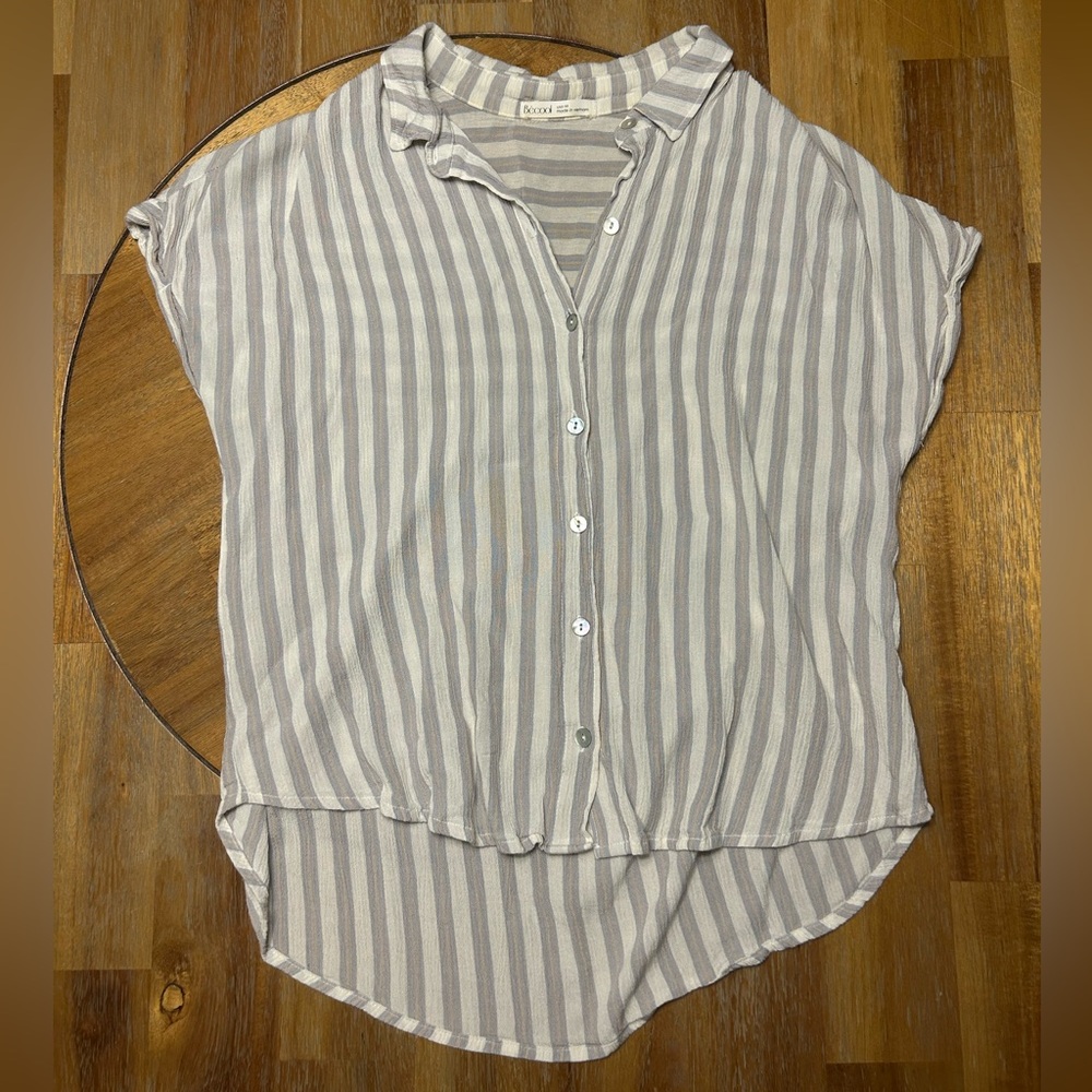 Francesca’s Striped Button-Down Shirt in Gray, Pink, and White